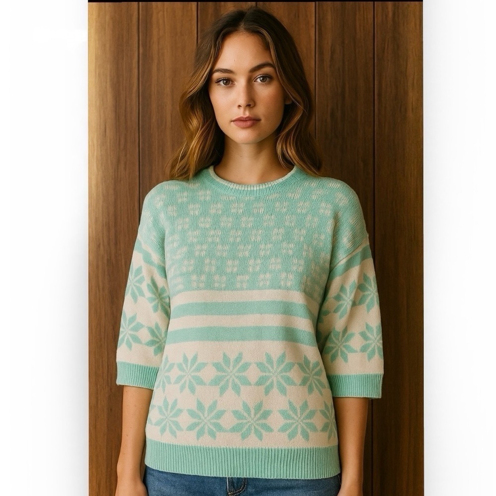 Vintage 80s Fair Isle Snowflake Sweater Crew Neck Cabincore Medium Grannycore